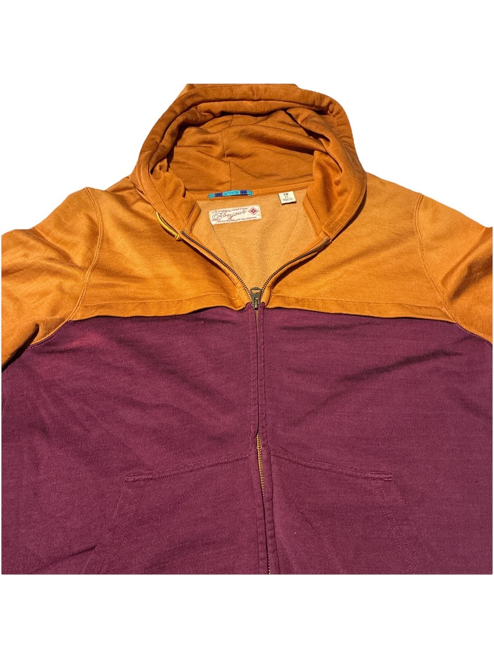 Men’s XL Hoodie Scotch & Soda Colorblock Full Zip Burgundy Caramel Brown Knit